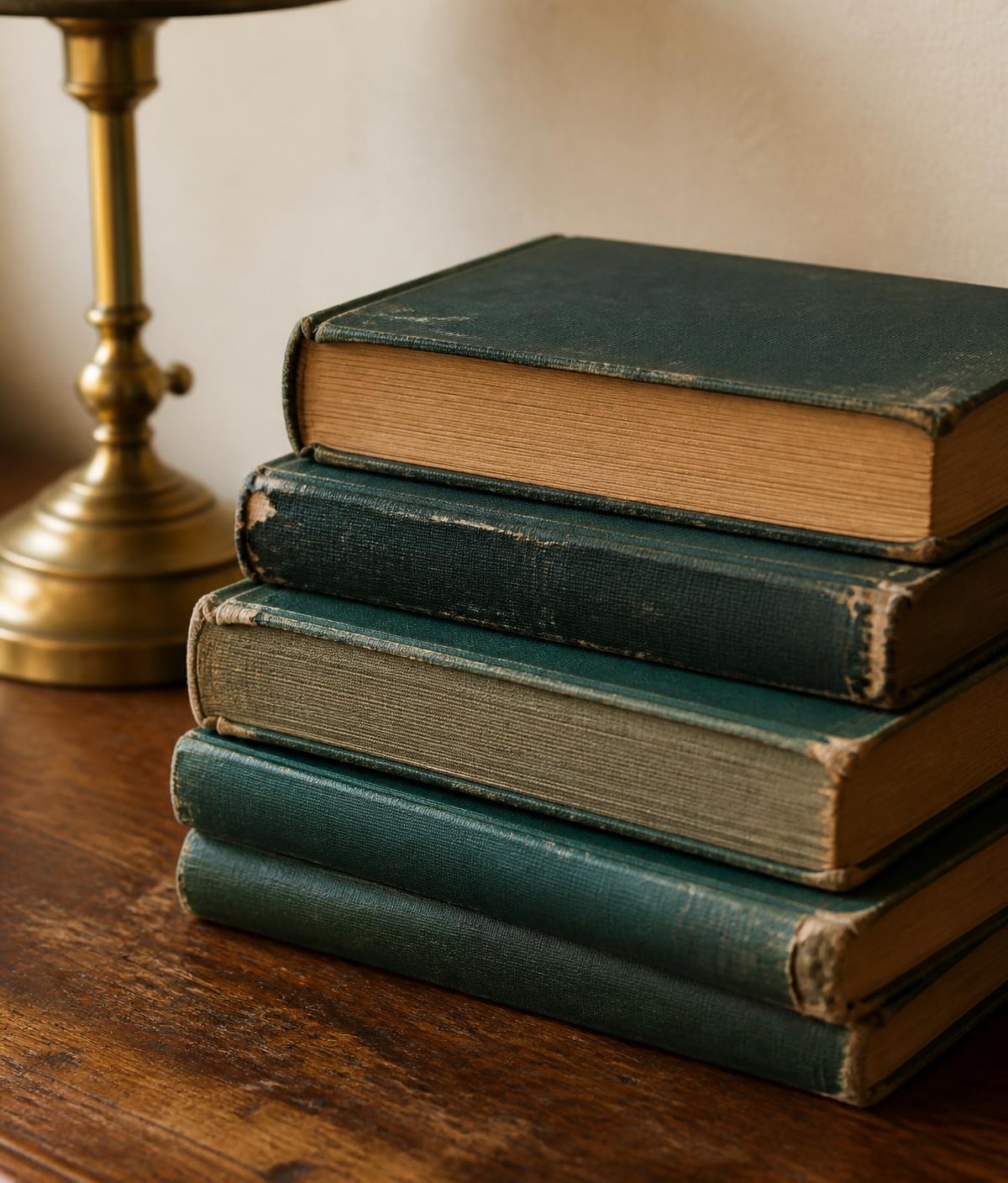 A stack of worn clothbound books beside a brass lamp on a wooden table